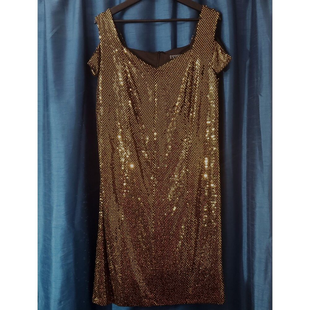 En Focus Black/Gold Metallic Cold Shoulder Dress Sz14W Cocktail Party/Holidays